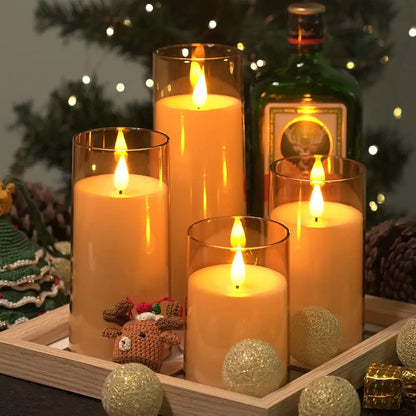 Flickering Gold Glass LED Flameless Pillar Candles with Remote 2