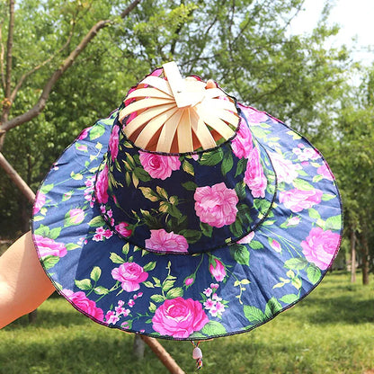 2 in 1 Portable Bamboo Flower Pattern Foldable Fan Hat 2