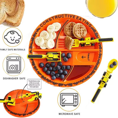 Construction Vehicle Tableware Set – Bulldozer & Excavator Themed Fork, Spoon & Plate for Kids, BPA-Free Food Plate 2