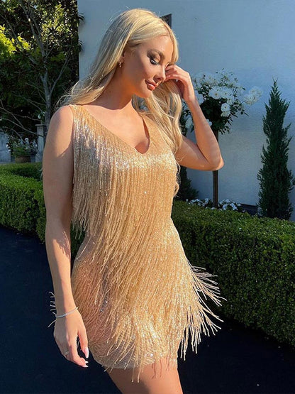 Women's Feather Fringe Sequin Spaghetti Strap Dress 2