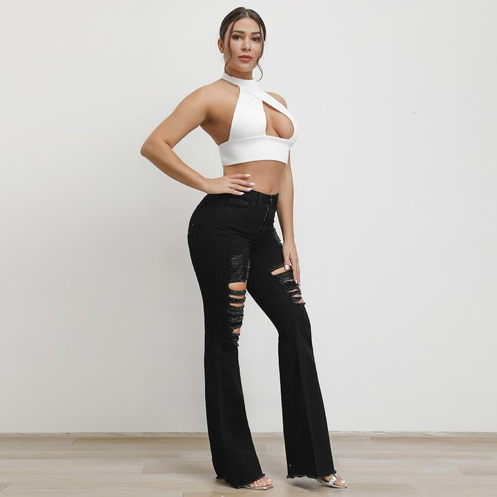 Black High Waist Distressed Flare Jeans 2