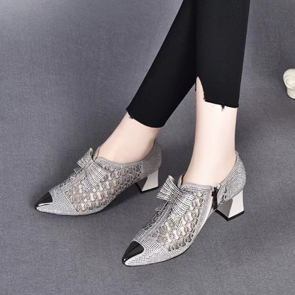 Rhinestone hollow chunky heel shoes 2