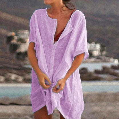 Women's Cotton and linen Plain Loose Long Shirt 2