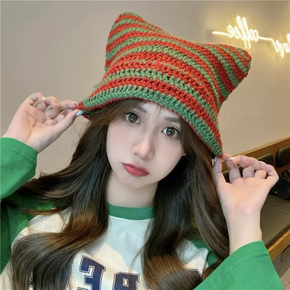 Hand Made Horn Detail Striped Knitted Hat 2
