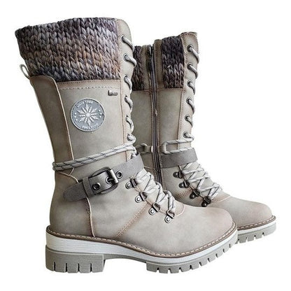 Women Buckle Lace Knitted Mid-calf Boots 2