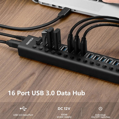 16 Ports USB 3.0 Hub with Individual On/Off Switches Splitter 2