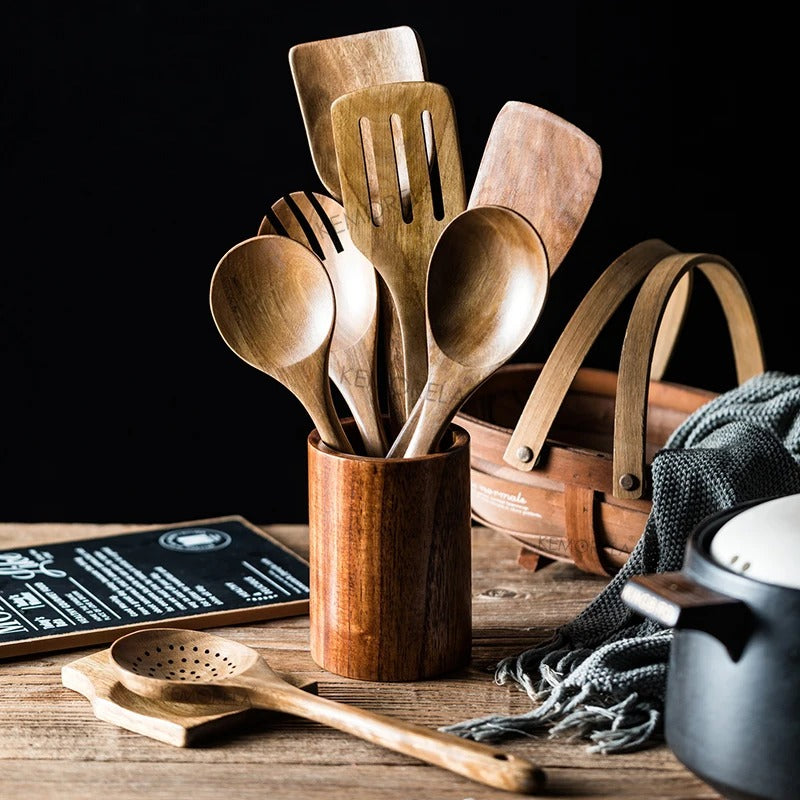 Premium Wooden Kitchen Utensil Set with Holder 2