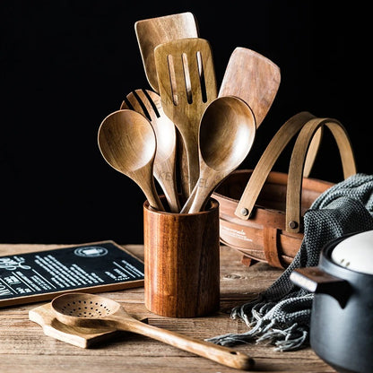 Premium Wooden Kitchen Utensil Set with Holder 2