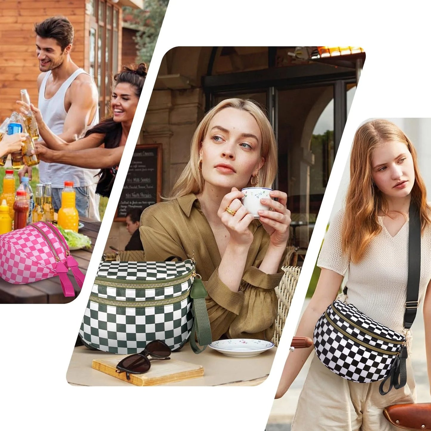 Checked In Oversize Double Zip Checkered Crescent Sling Bag 3
