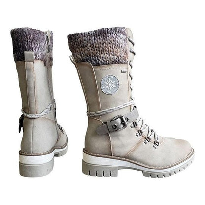Women Buckle Lace Knitted Mid-calf Boots 3