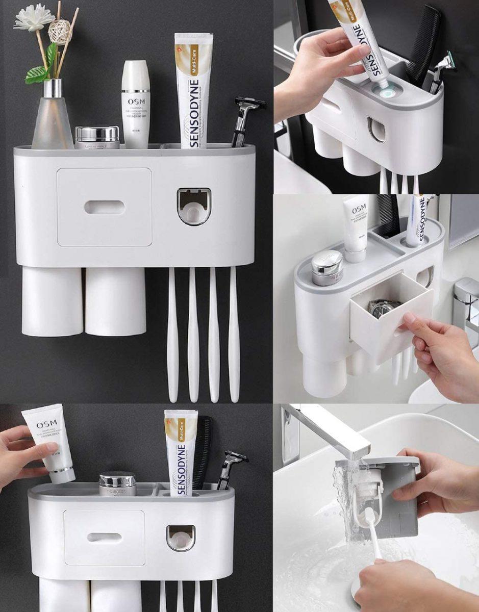 Magnetic Adsorption Inverted Toothbrush Holder Automatic Toothpaste Squeezer 3