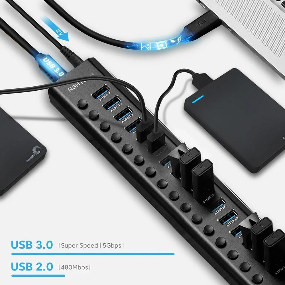 16 Ports USB 3.0 Hub with Individual On/Off Switches Splitter 3