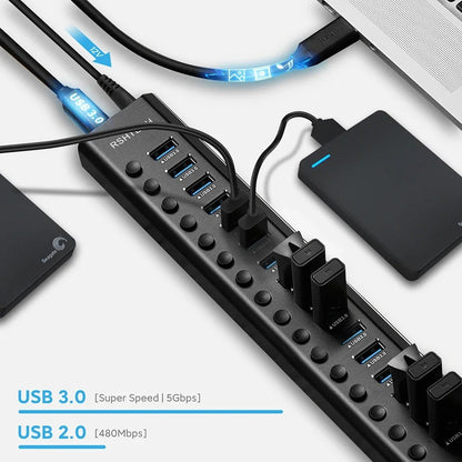 16 Ports USB 3.0 Hub with Individual On/Off Switches Splitter 3