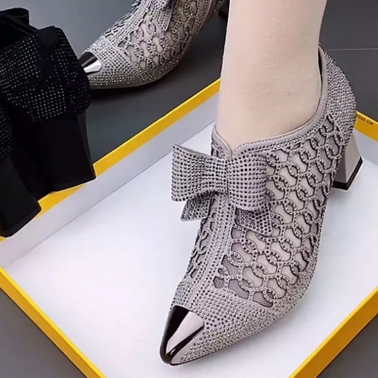 Rhinestone hollow chunky heel shoes 3
