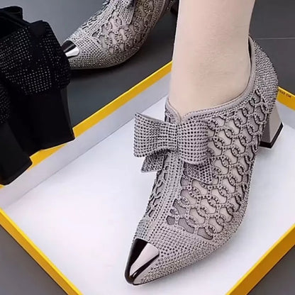 Rhinestone hollow chunky heel shoes 3