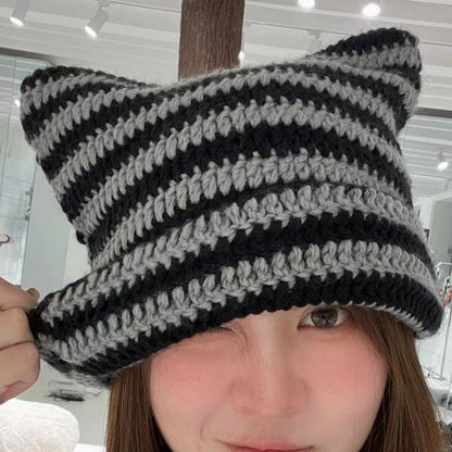 Hand Made Horn Detail Striped Knitted Hat 3