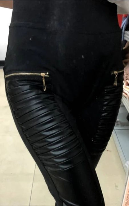 Contrast Panel Zipper Detail Faux Leather Pants 3