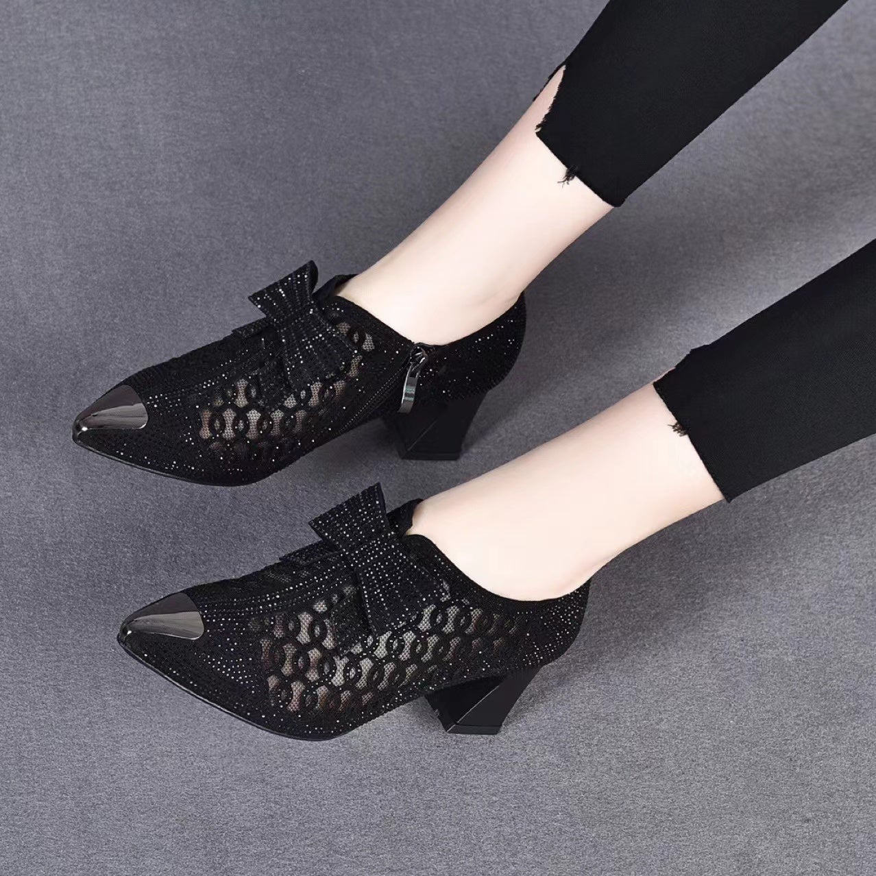 Rhinestone hollow chunky heel shoes 4