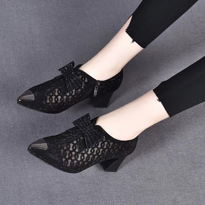 Rhinestone hollow chunky heel shoes 4