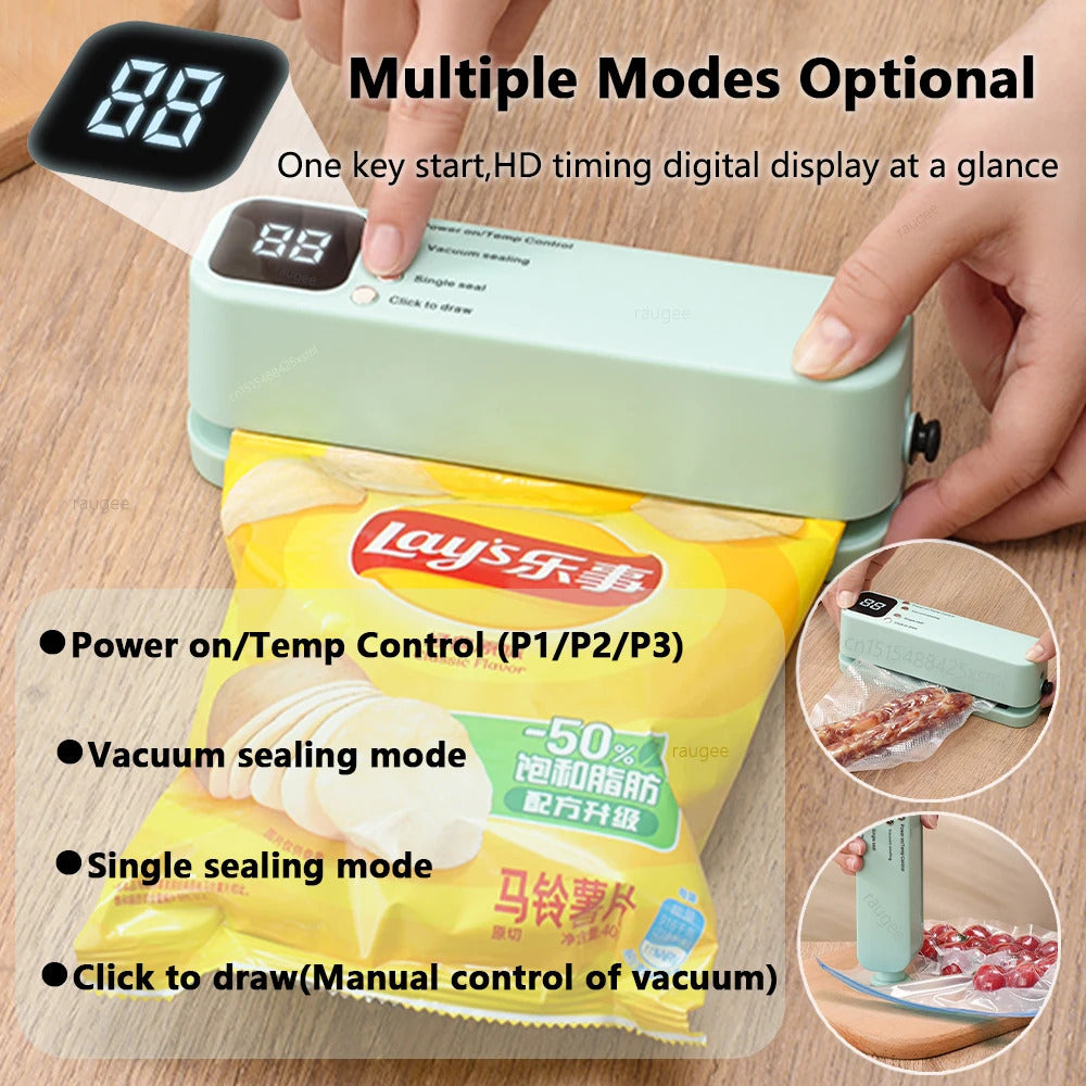 3-in-1 Mini Vacuum Sealer – Portable Food Sealing Machine with 15 Bags, Wet & Dry Modes, Digital Timer for Home & Travel 4