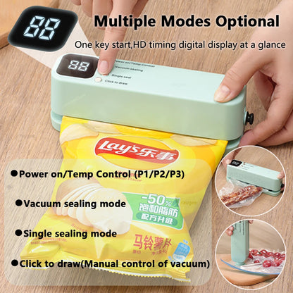 3-in-1 Mini Vacuum Sealer – Portable Food Sealing Machine with 15 Bags, Wet & Dry Modes, Digital Timer for Home & Travel 4