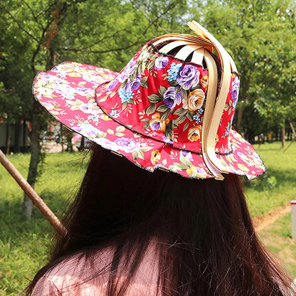 2 in 1 Portable Bamboo Flower Pattern Foldable Fan Hat 4