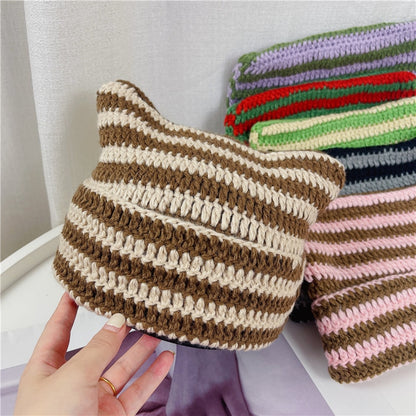 Hand Made Horn Detail Striped Knitted Hat 4