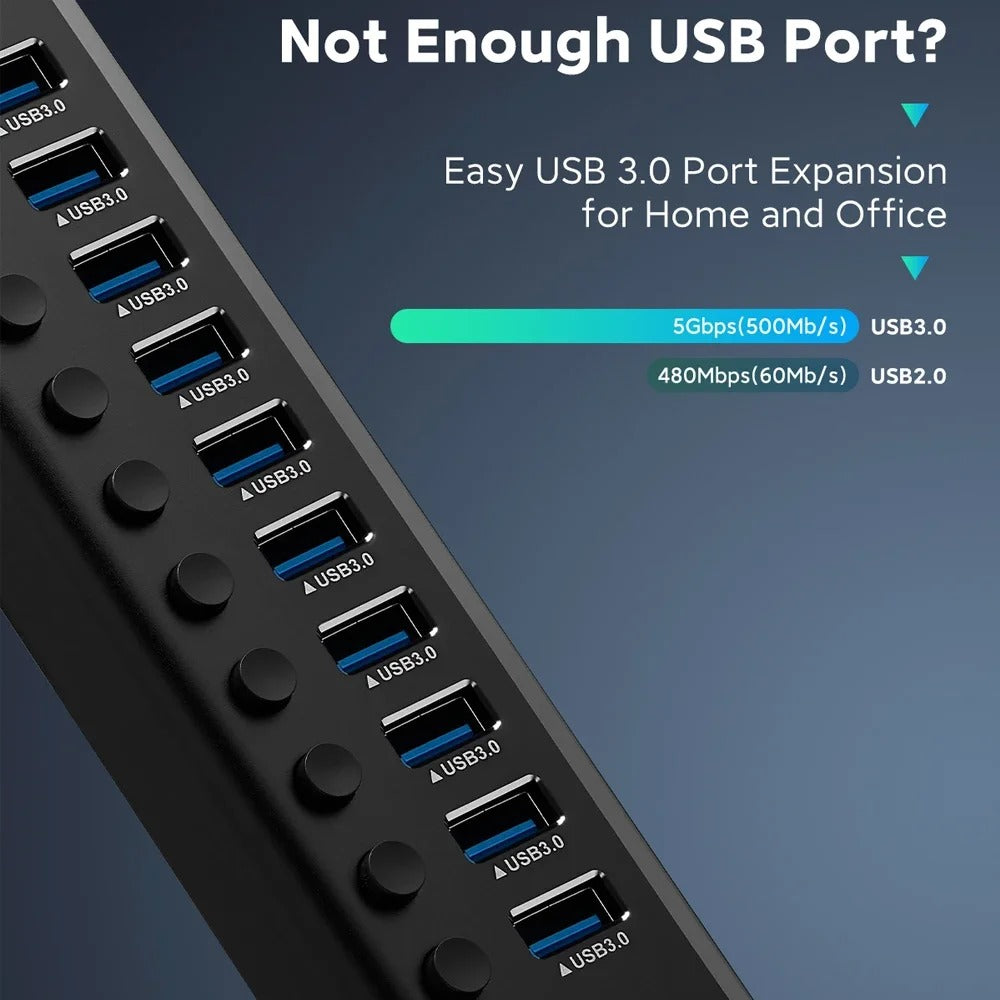 16 Ports USB 3.0 Hub with Individual On/Off Switches Splitter 4