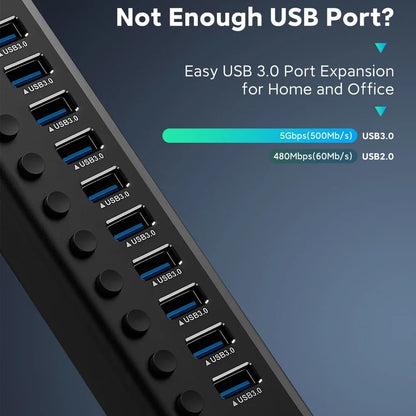 16 Ports USB 3.0 Hub with Individual On/Off Switches Splitter 4