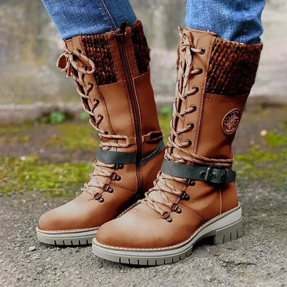 Women Buckle Lace Knitted Mid-calf Boots 4