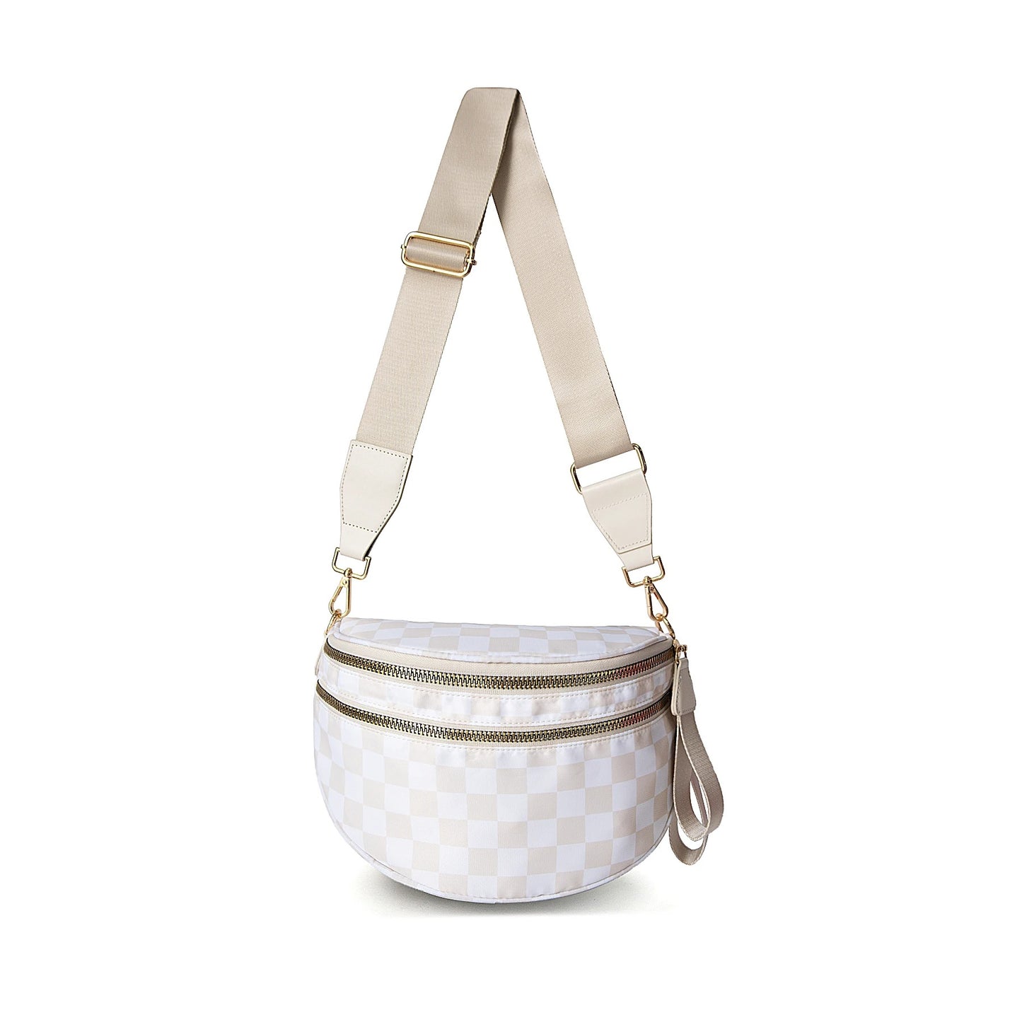 Checked In Oversize Double Zip Checkered Crescent Sling Bag 4