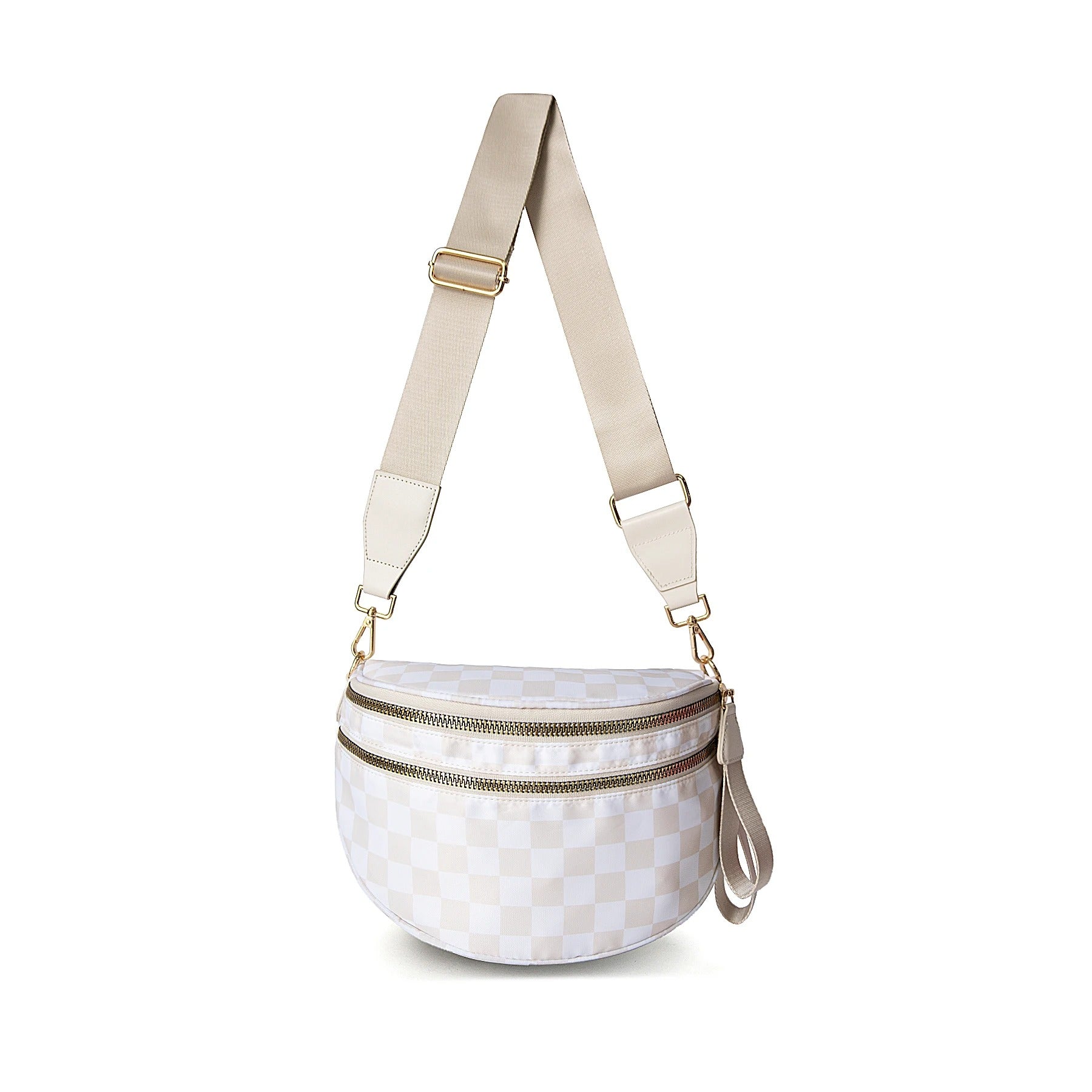 Checked In Oversize Double Zip Checkered Crescent Sling Bag 4