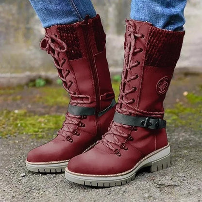 Women Buckle Lace Knitted Mid-calf Boots 5
