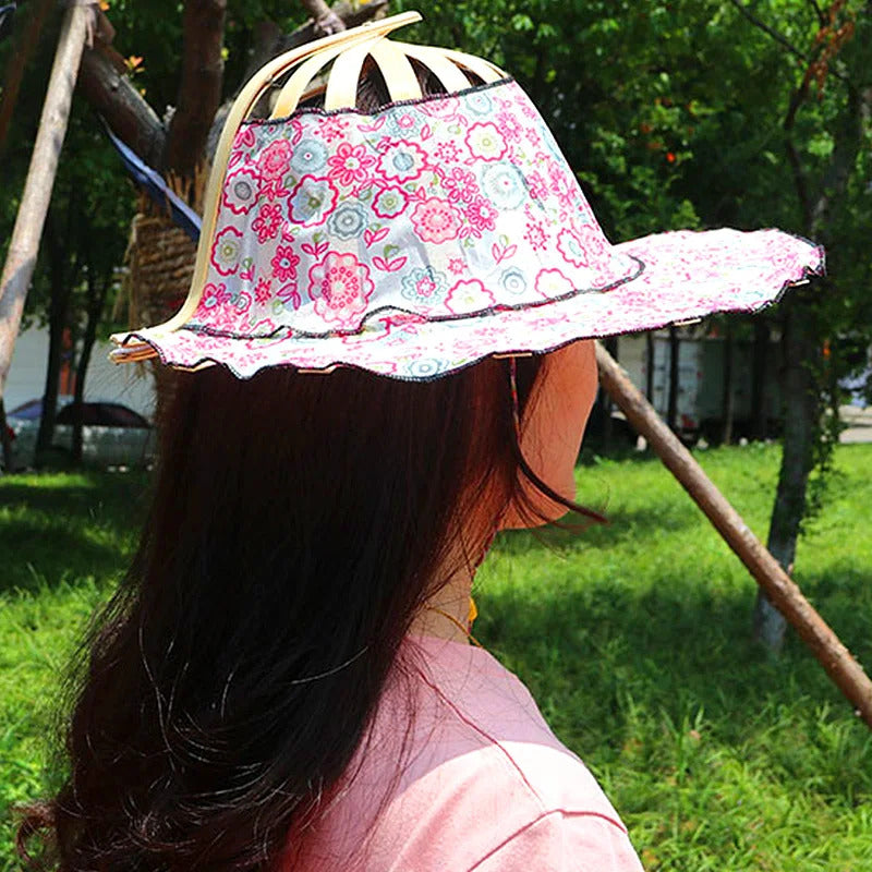 2 in 1 Portable Bamboo Flower Pattern Foldable Fan Hat 5