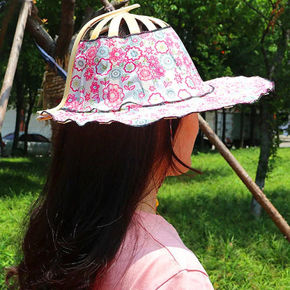 2 in 1 Portable Bamboo Flower Pattern Foldable Fan Hat 5