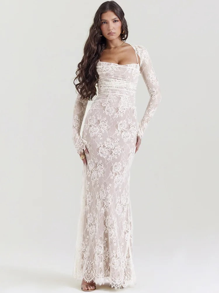 Shawl Drawstring Lace Maxi Dress 5