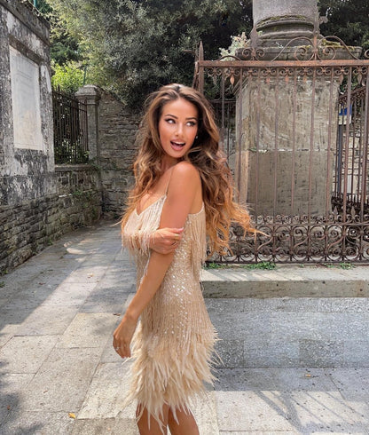Women's Feather Fringe Sequin Spaghetti Strap Dress 5