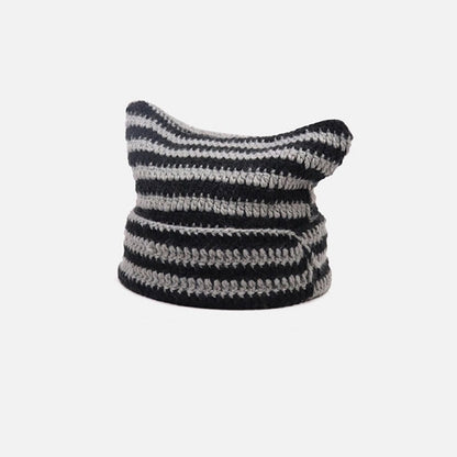 Hand Made Horn Detail Striped Knitted Hat 5