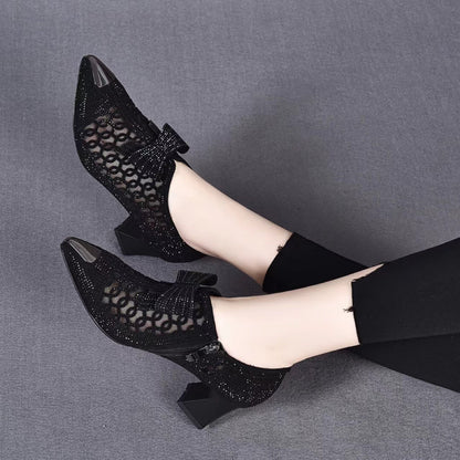 Rhinestone hollow chunky heel shoes 5