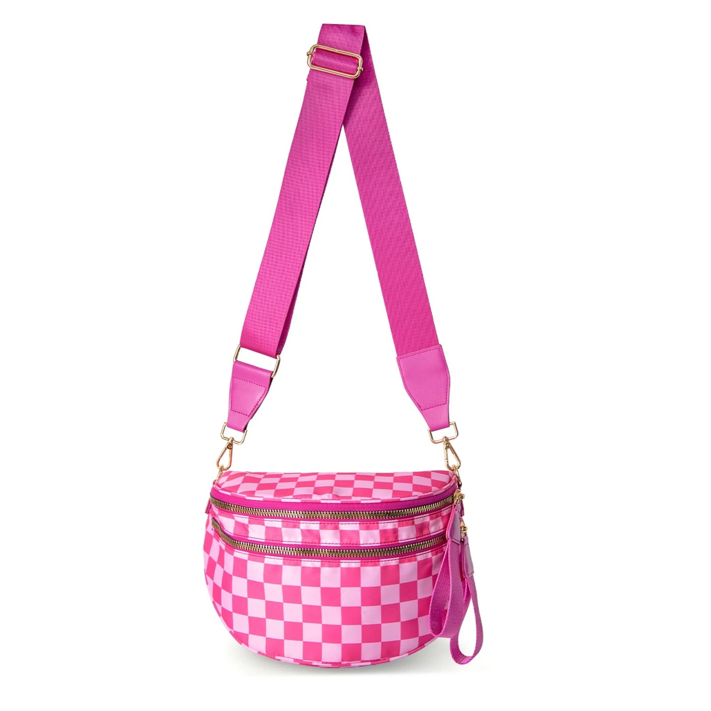 Checked In Oversize Double Zip Checkered Crescent Sling Bag 5