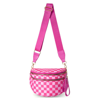 Checked In Oversize Double Zip Checkered Crescent Sling Bag 5