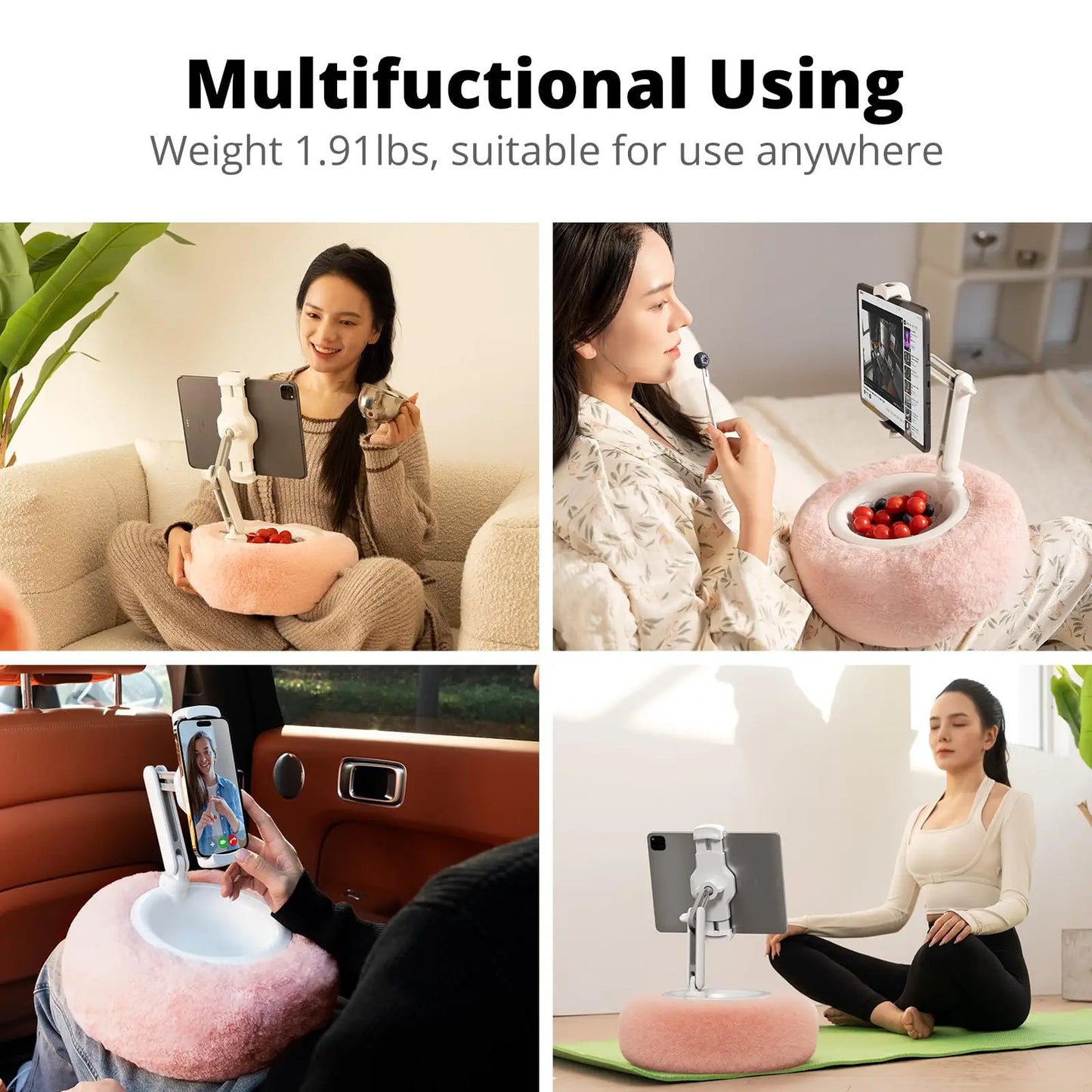 Plush Pillow Snack Bowl Tablet & Phone Holder – Adjustable Angle & Length Holder for Video Chat, Streaming, and Desk Use 6