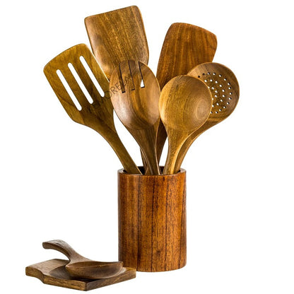 Premium Wooden Kitchen Utensil Set with Holder 6