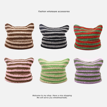 Hand Made Horn Detail Striped Knitted Hat 6