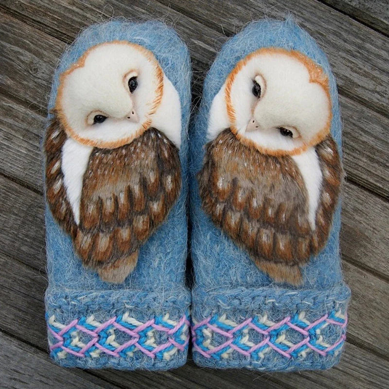 Hand Knitted Nordic Mittens With Owls 6