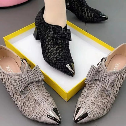 Rhinestone hollow chunky heel shoes 6