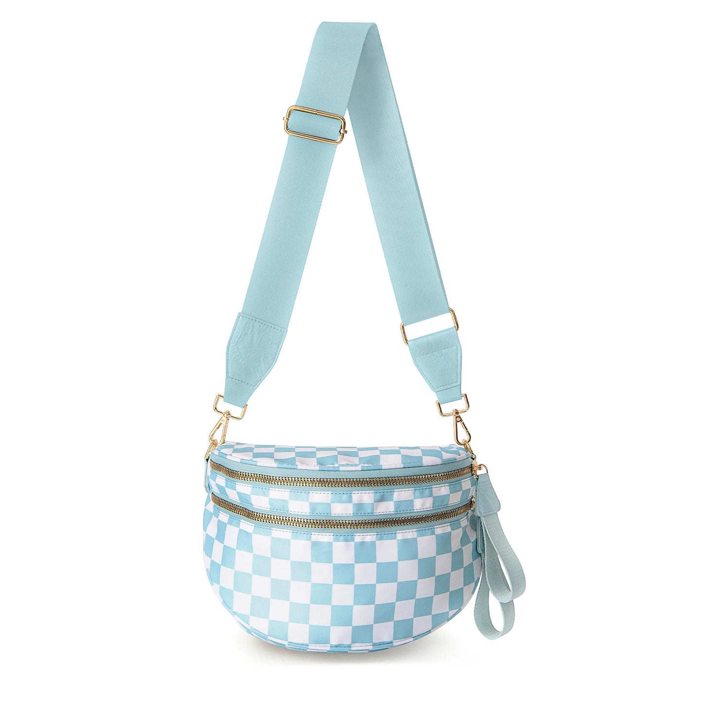 Checked In Oversize Double Zip Checkered Crescent Sling Bag 6
