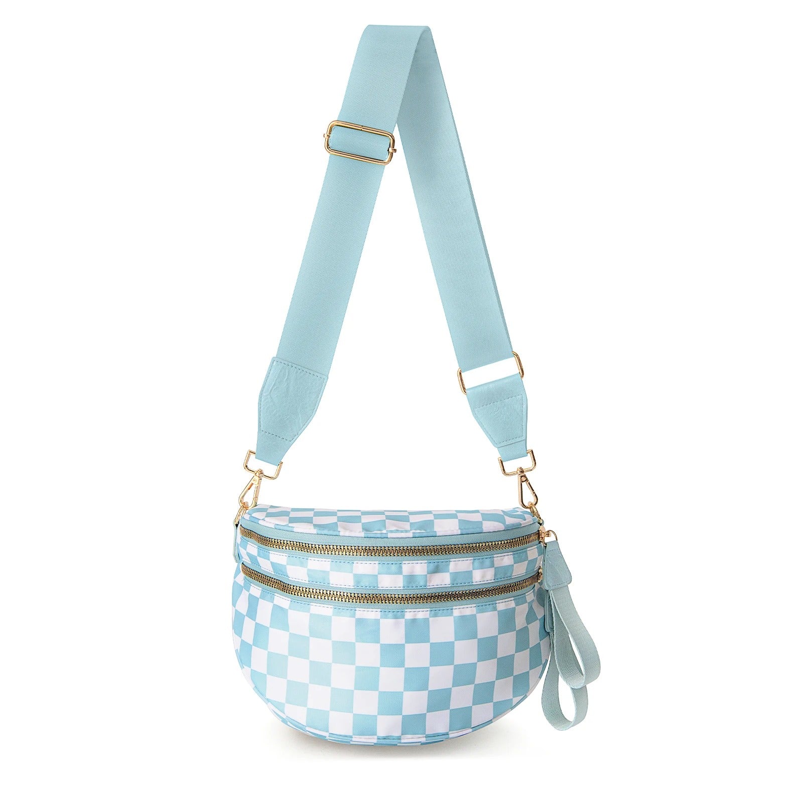 Checked In Oversize Double Zip Checkered Crescent Sling Bag 6