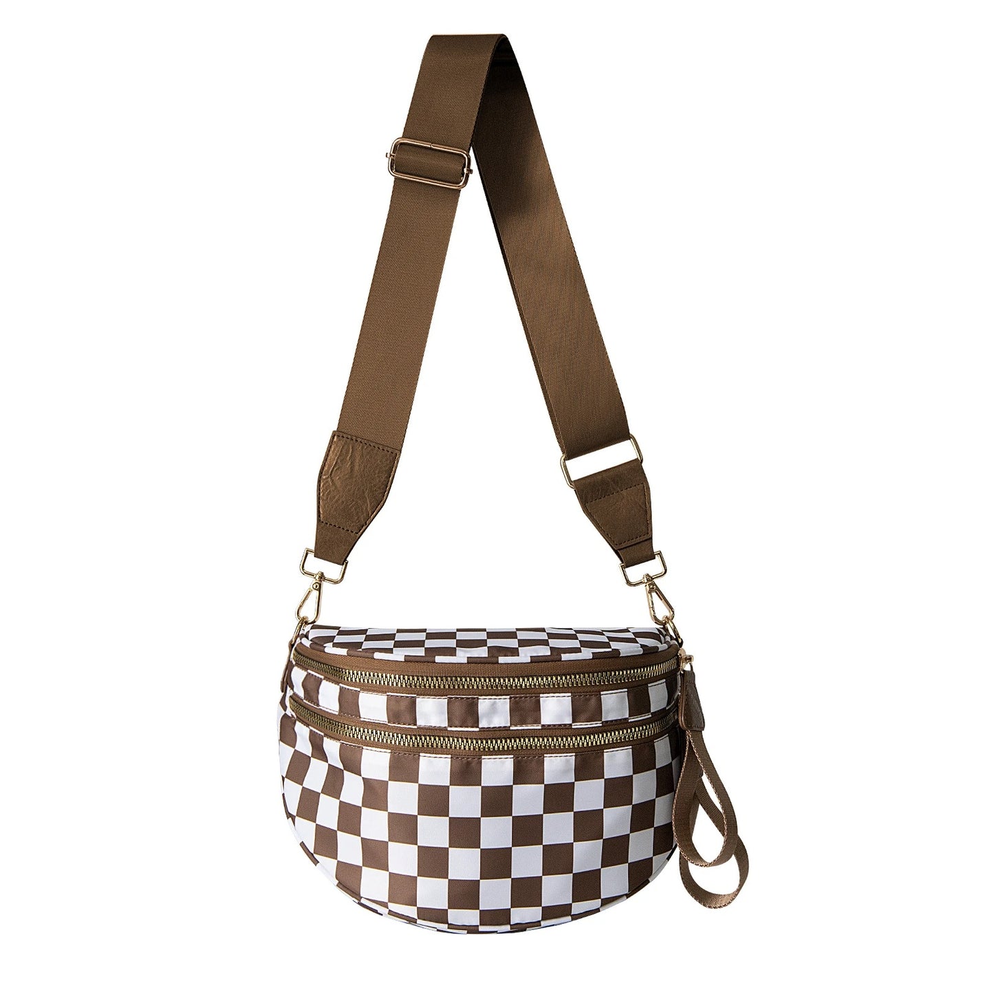 Checked In Oversize Double Zip Checkered Crescent Sling Bag 7