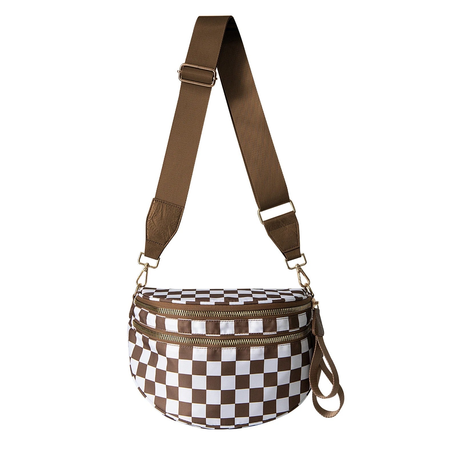 Checked In Oversize Double Zip Checkered Crescent Sling Bag 7